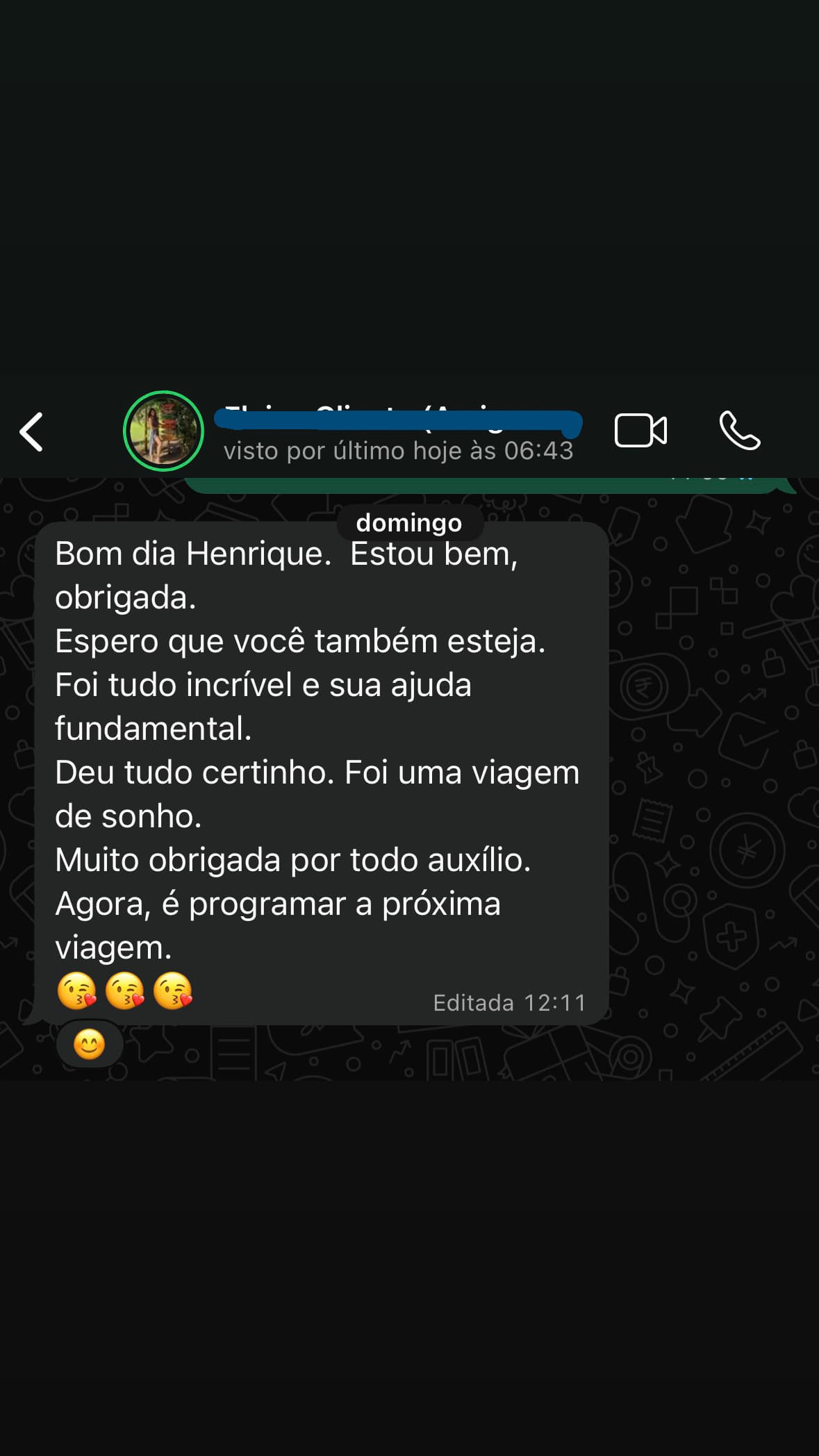 Depoimento de cliente via WhatsApp — viagem de sonho