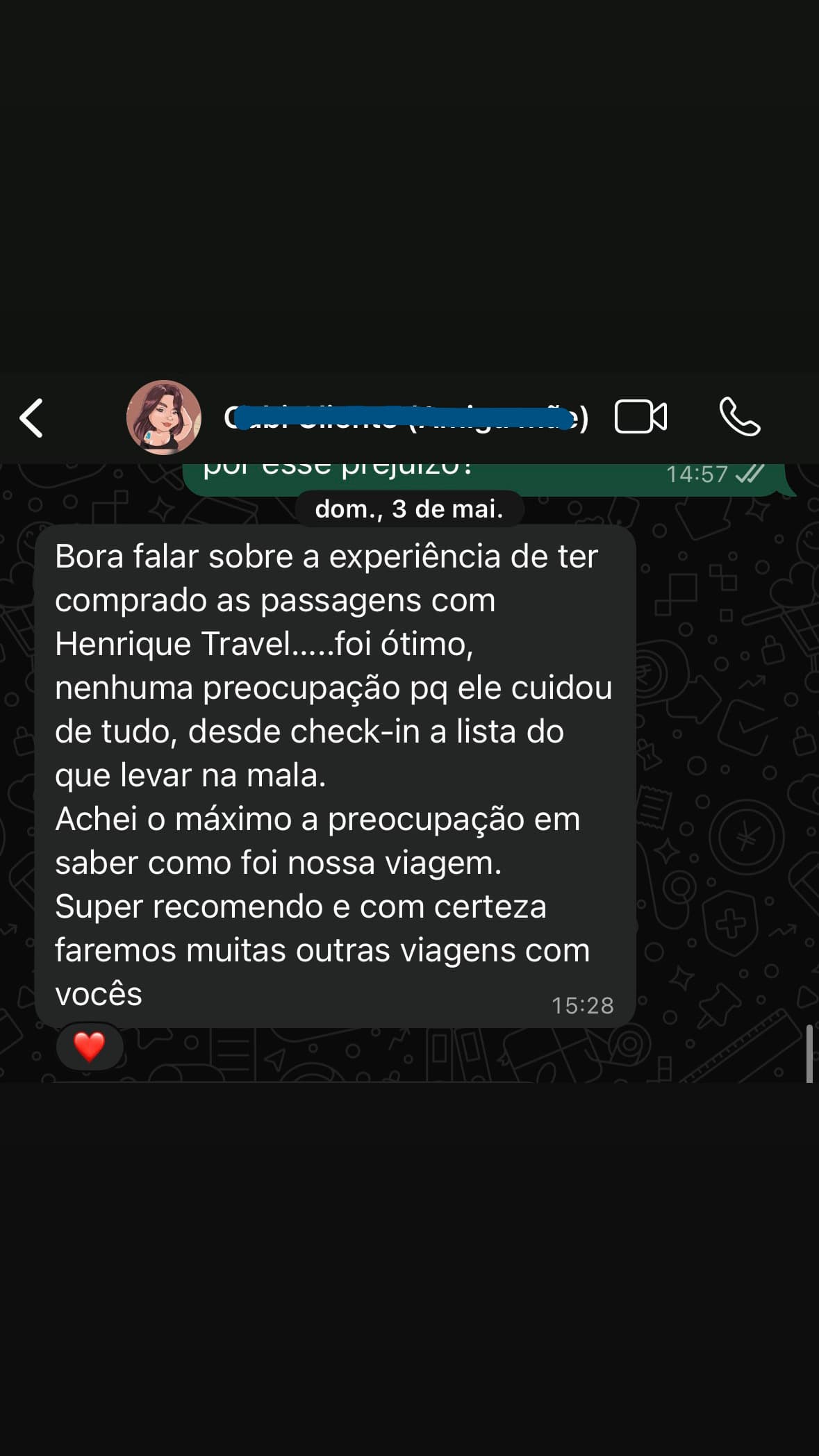 Depoimento de cliente via WhatsApp — super recomendo