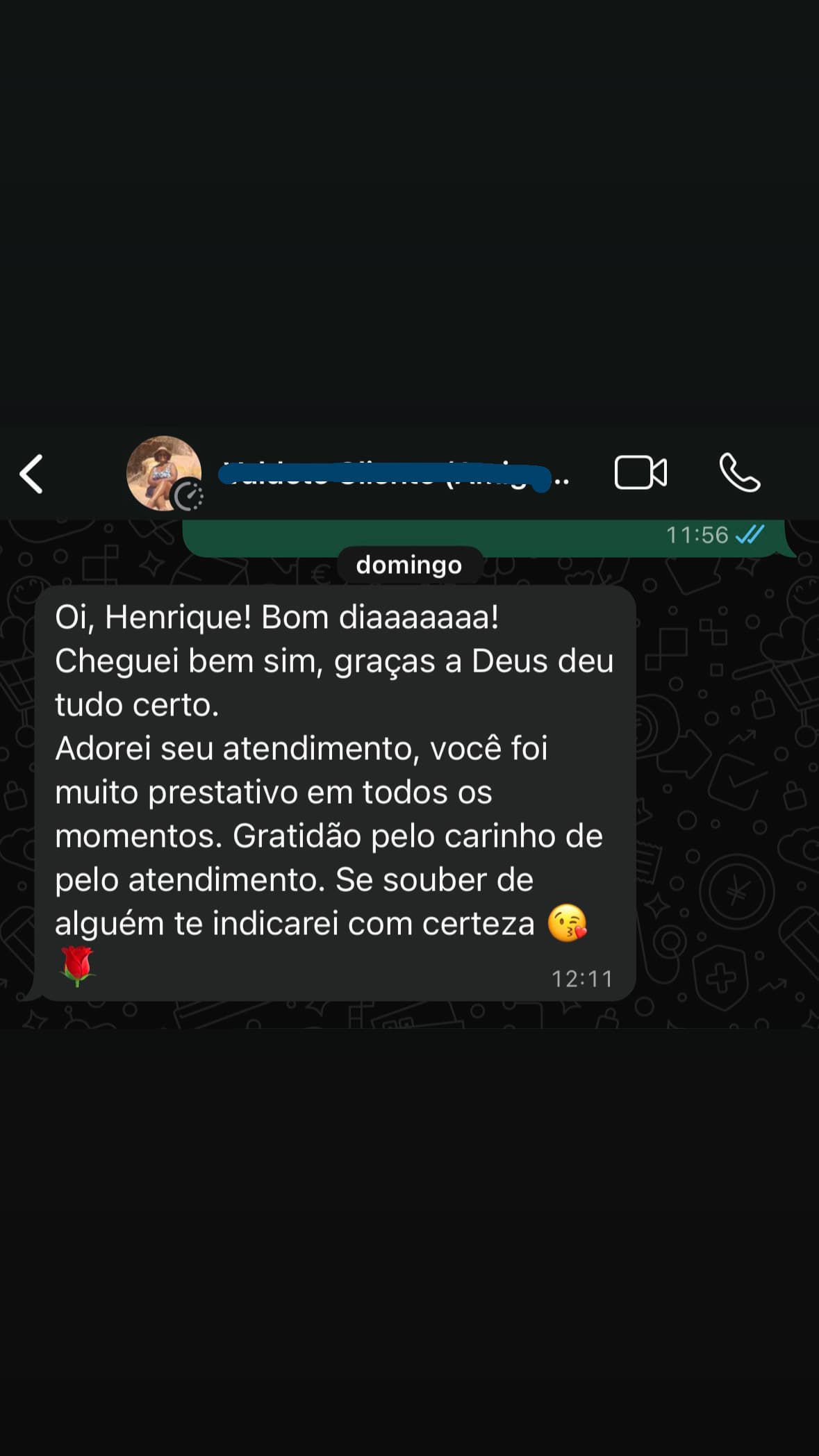 Depoimento de cliente via WhatsApp — atendimento prestativo