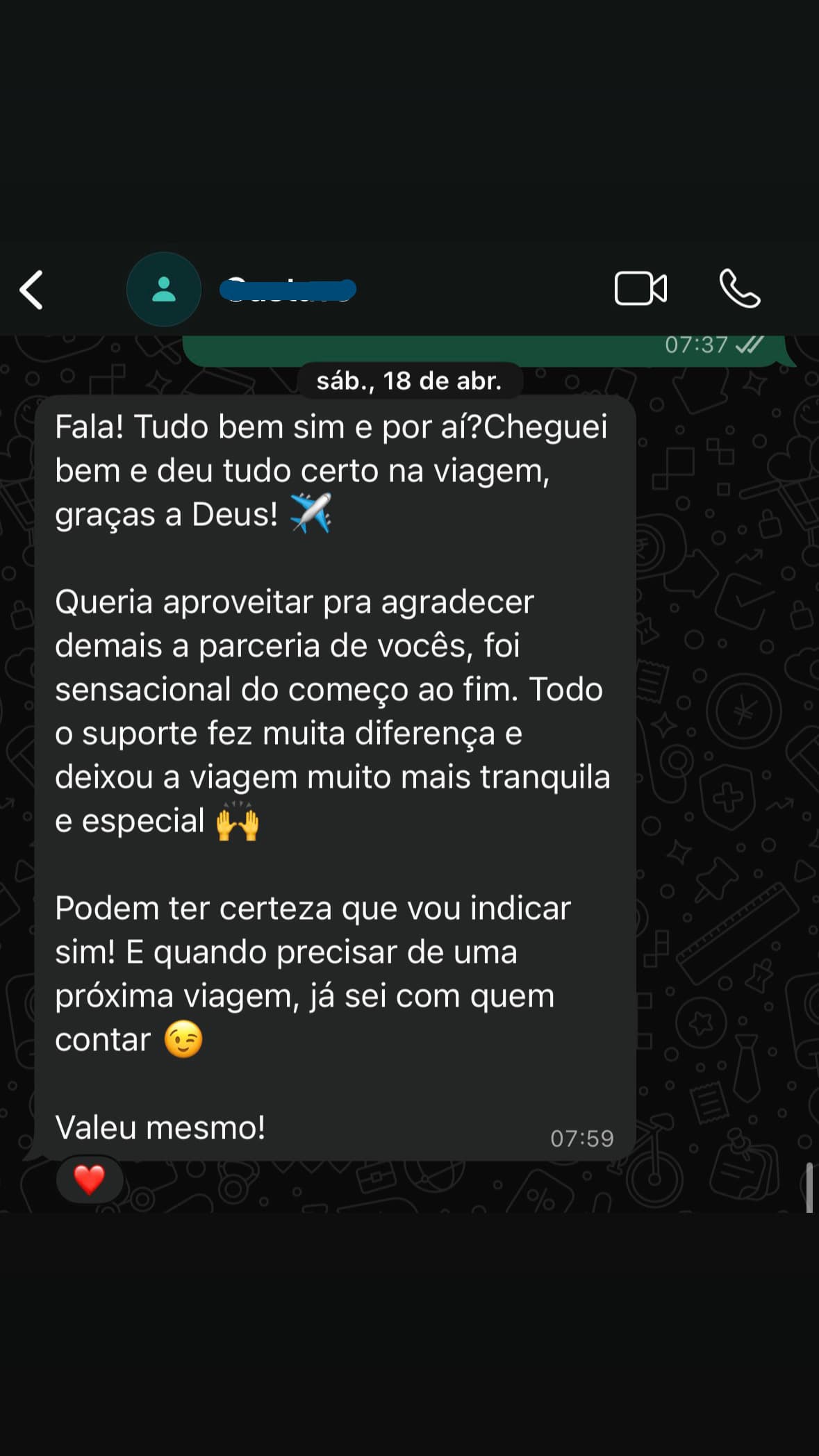 Depoimento de cliente via WhatsApp — sensacional do começo ao fim
