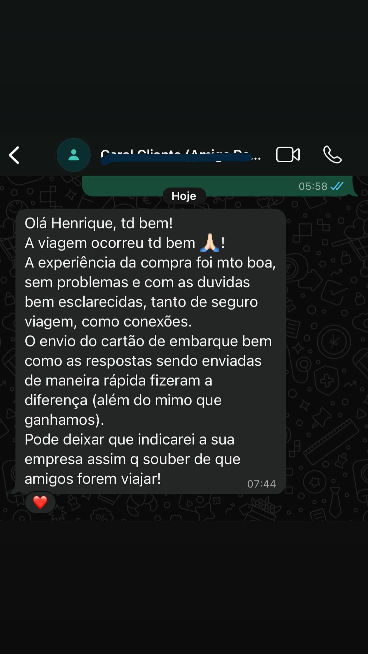 Depoimento de cliente via WhatsApp — suporte excelente