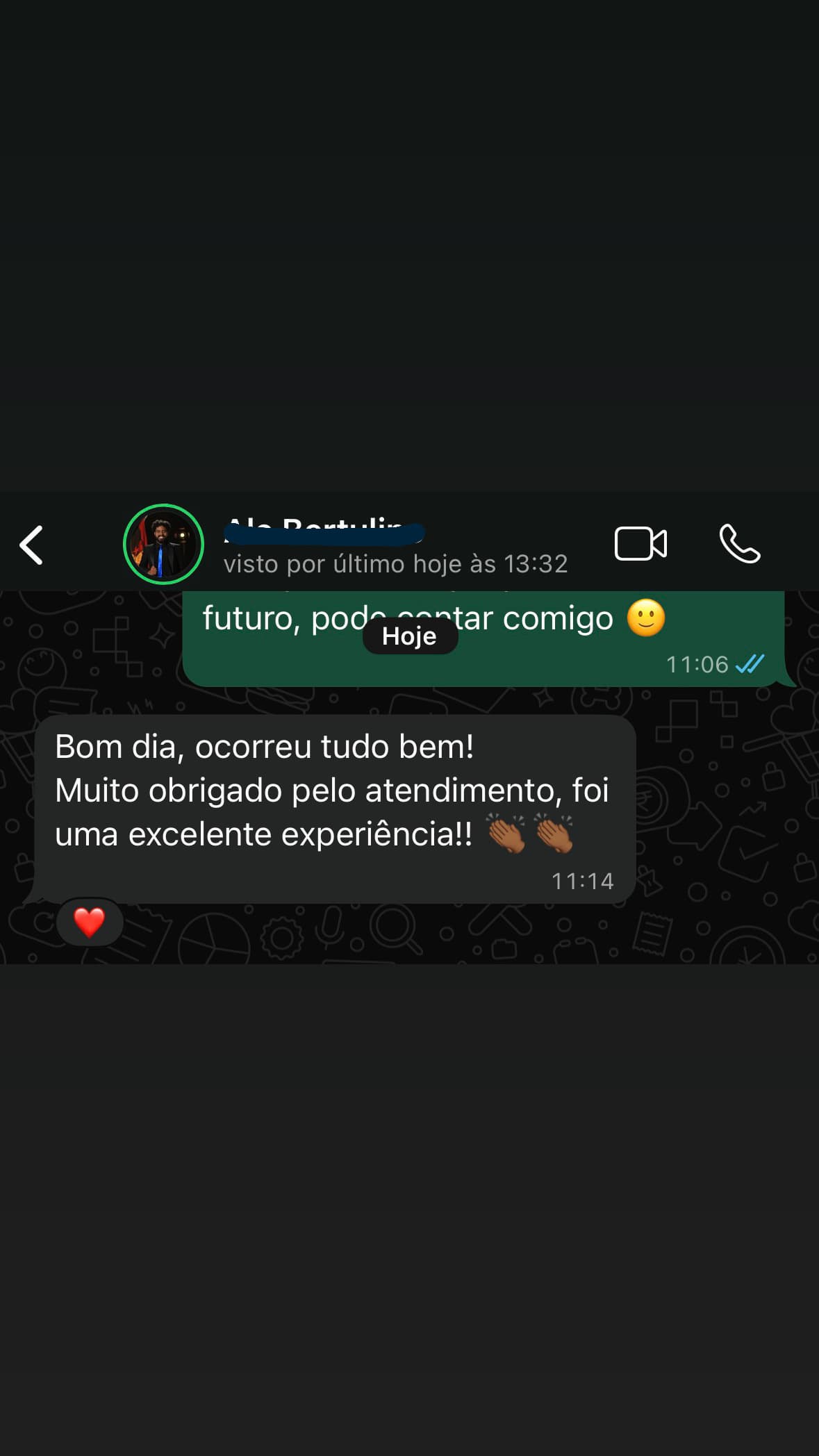 Depoimento de cliente via WhatsApp — atendimento excelente